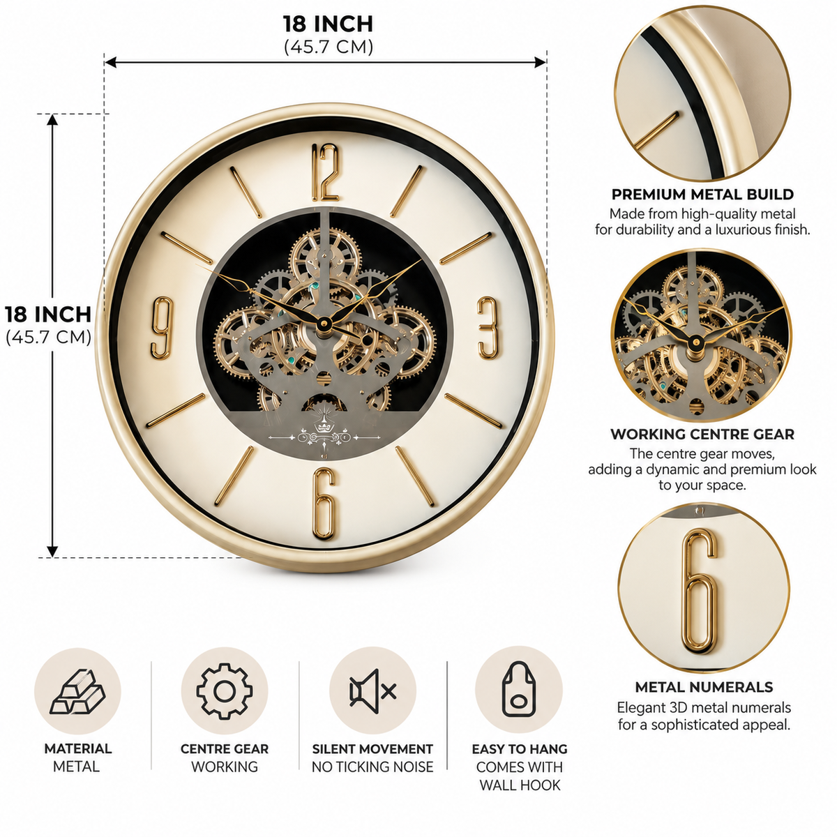 Svelte Seconds Luxury Wall Clock With Moving Gear Mechanism (Steel Body)