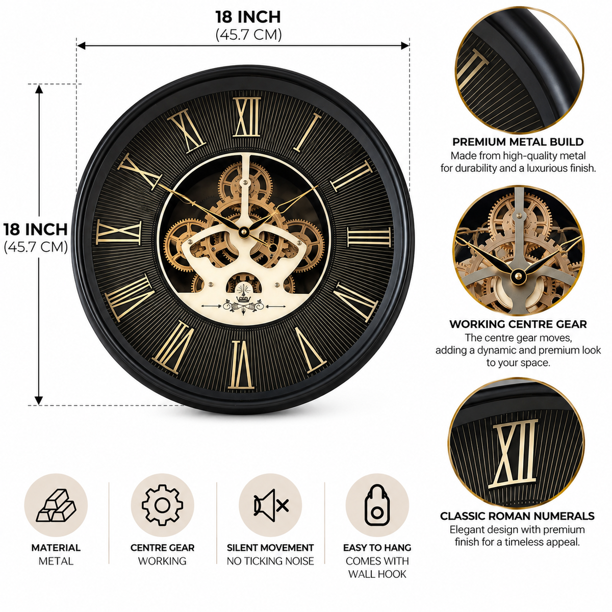 Timeless Tradition Luxury Designer Wall Clock For Living Room With Moving Gear Mechanism Buy Wall Clock Online - Big (Steel Body)