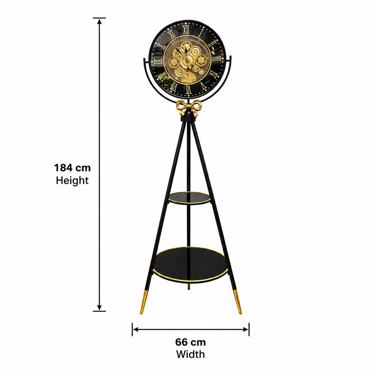 Moon Phase LED Tripod Base Luxury Designer Floor Clock With Moving Gear Mechanism (Black) (Steel Body)