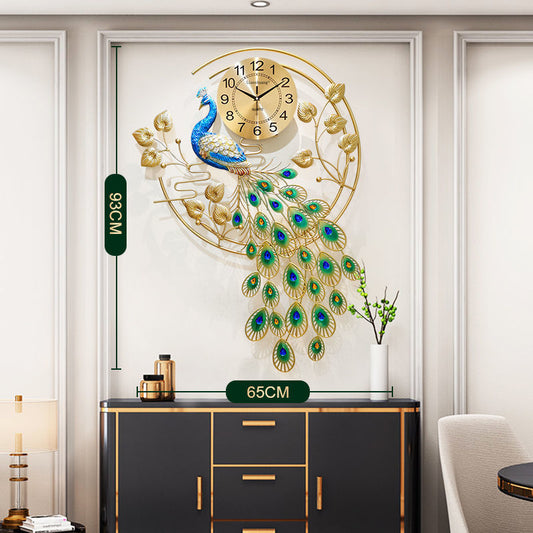 Peacock Metal Wall Clock - Classic Golden Hue, Vintage Design