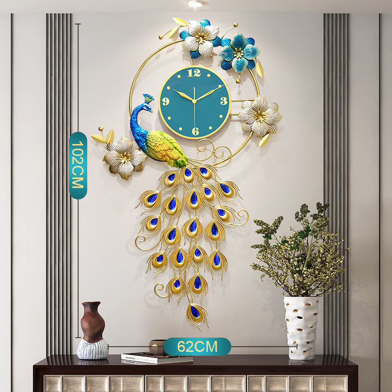 Peacock Metal Wall Clock - Vintage Design, Golden Hue