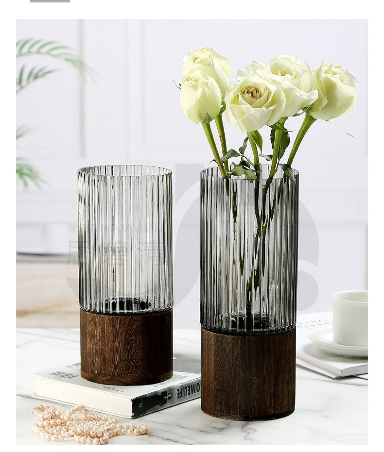 Fluid Glass Flower Vase With Wooden Base - Set of 2