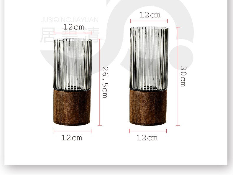 Fluid Glass Flower Vase With Wooden Base - Set of 2