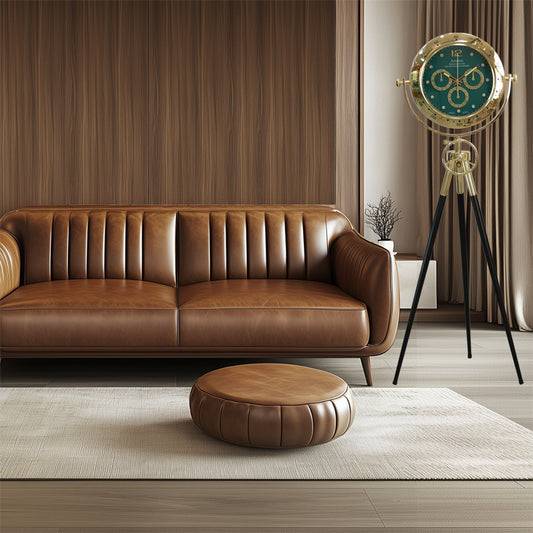 Green Metal Tripod Gear Standing Wall Clock With Gold Framing For Home Decor