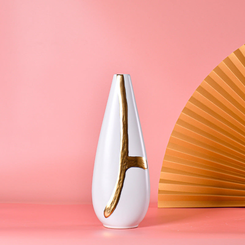 Premium White Ceramic With Gold Work Flower Vase Pack of 3