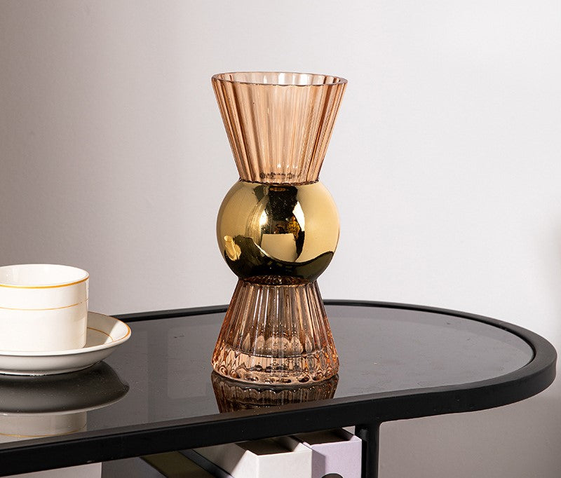 Amber Glass Flower Vase With Metal Ball Pack of 2