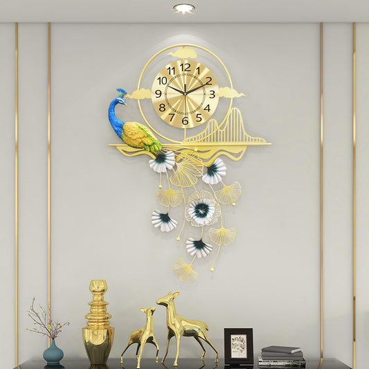 Peacock Metal Wall Clock - Vintage Design, Golden Hue, 24 inch