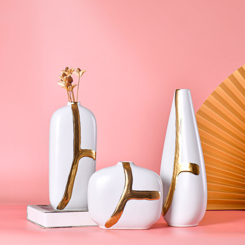 Premium White Ceramic With Gold Work Flower Vase Pack of 3