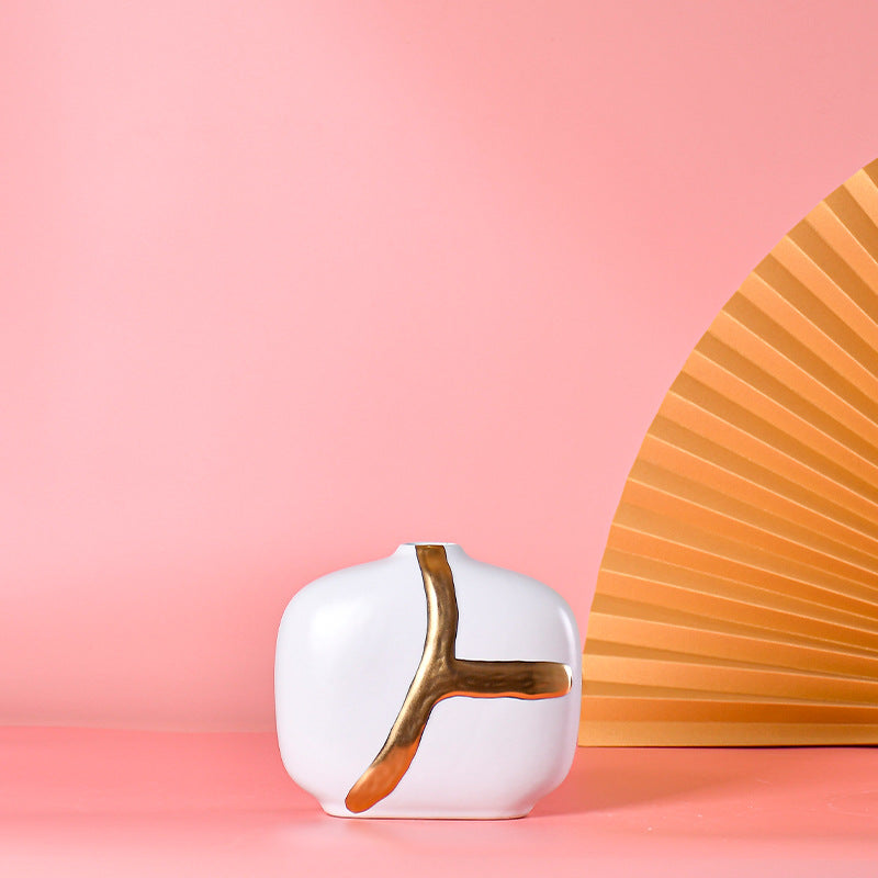 Premium White Ceramic With Gold Work Flower Vase Pack of 3