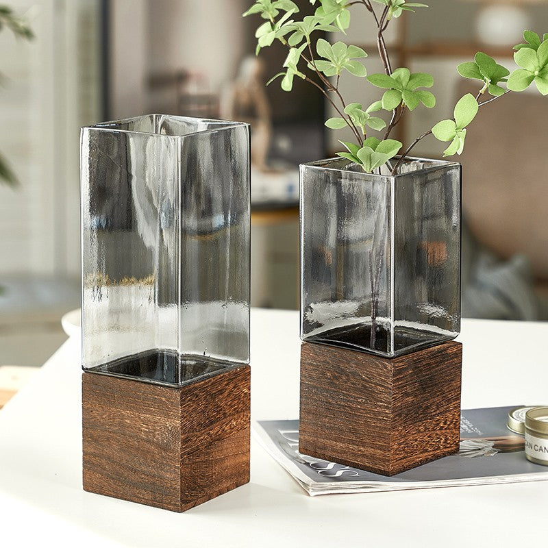 Smoky Glass Flower Vase With Wooden Base - Set of 2