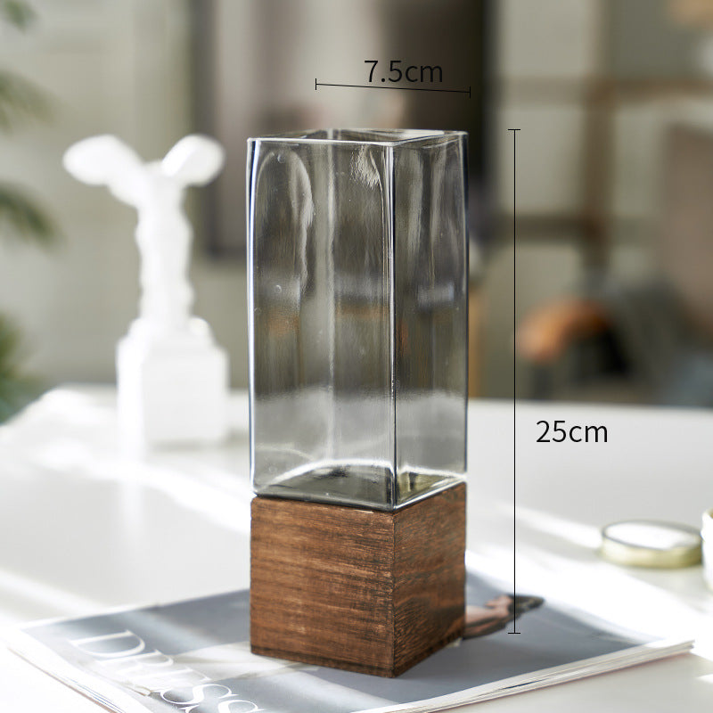 Smoky Glass Flower Vase With Wooden Base - Set of 2