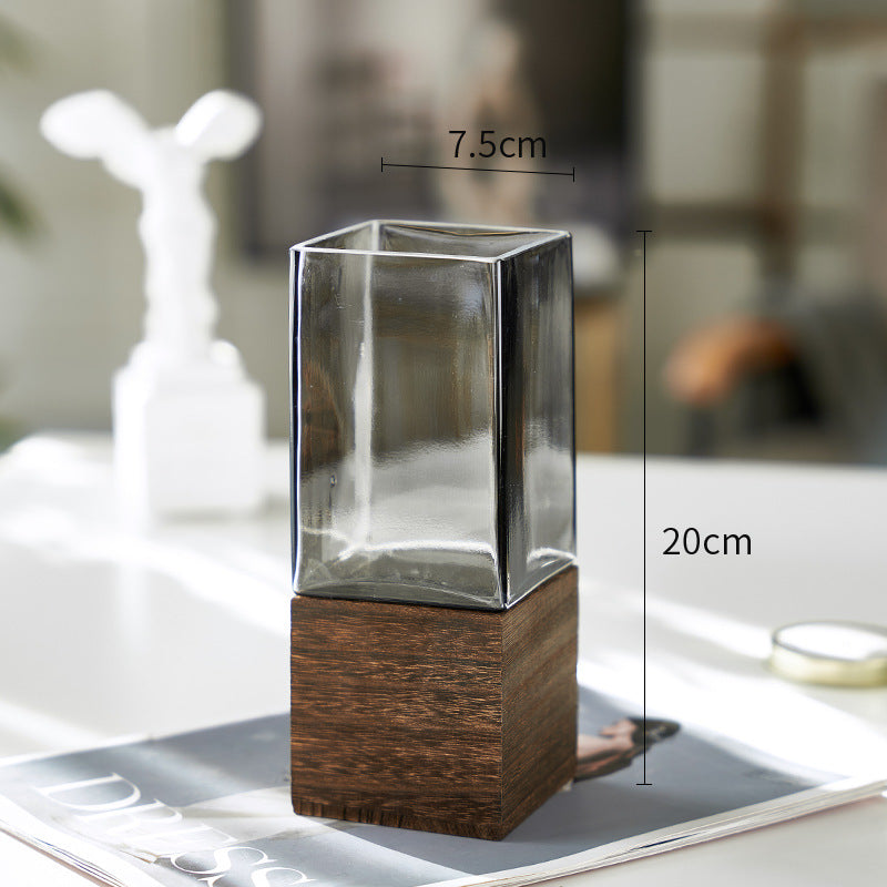 Smoky Glass Flower Vase With Wooden Base - Set of 2