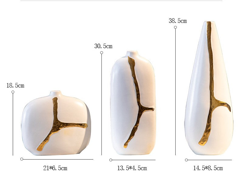 Premium White Ceramic With Gold Work Flower Vase Pack of 3