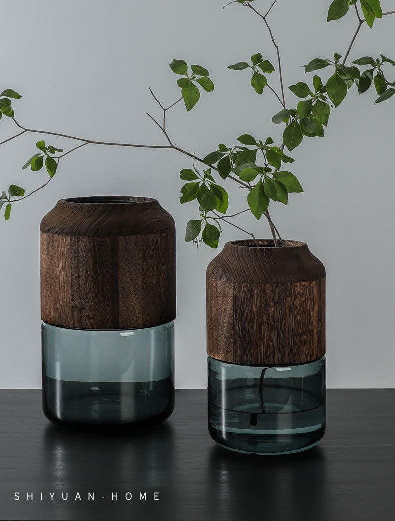 Wooden Flower Vase With Smoky Glass - pack of 2