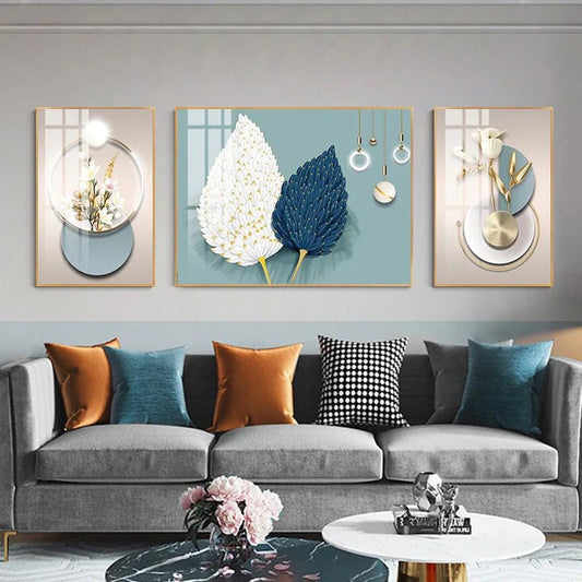 Modern Crystal Glass Painting Pack of 3 Contemporary Wall Decor - Golden Frame