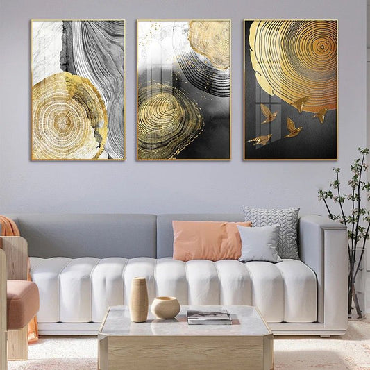 Modern Crystal Glass Painting Set - Pack of 3 Panels, 16x24 Inches Each, Golden Color Frame, Crystal and Glass Work