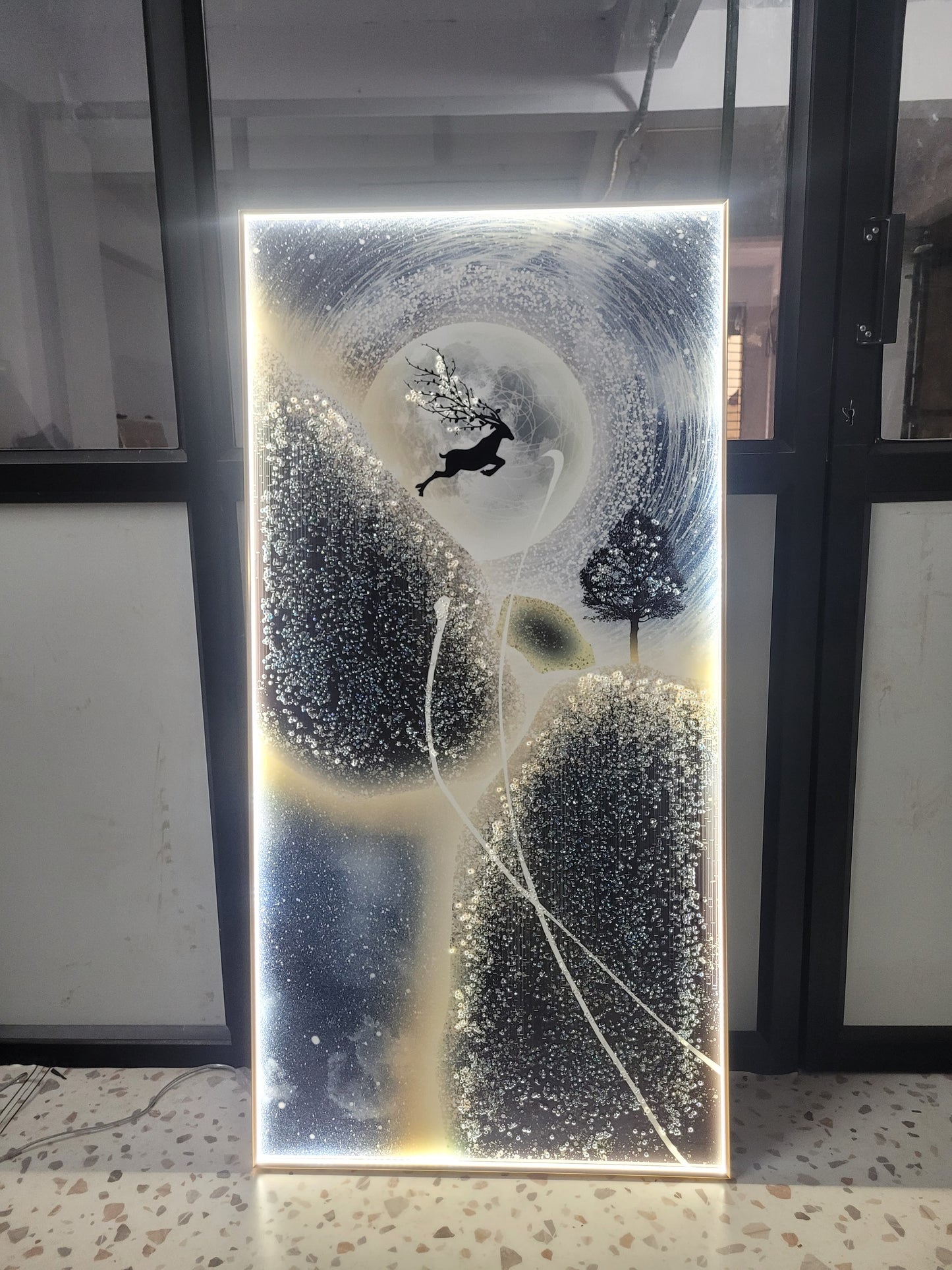 Modern Crystal Glass Painting with Metal Framing and LED Light - 24x48 Inch