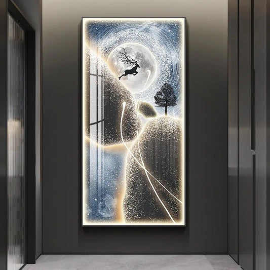 Modern Crystal Glass  Painting with Metal Framing and LED Light - 24x48 Inch