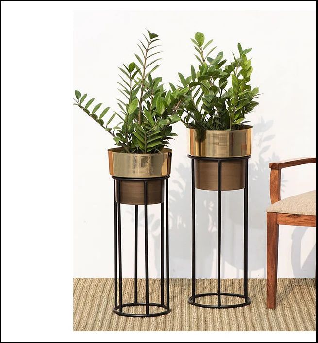 Gold & Brown Metal Planter With Black Stand For Home Decor Set of 2
