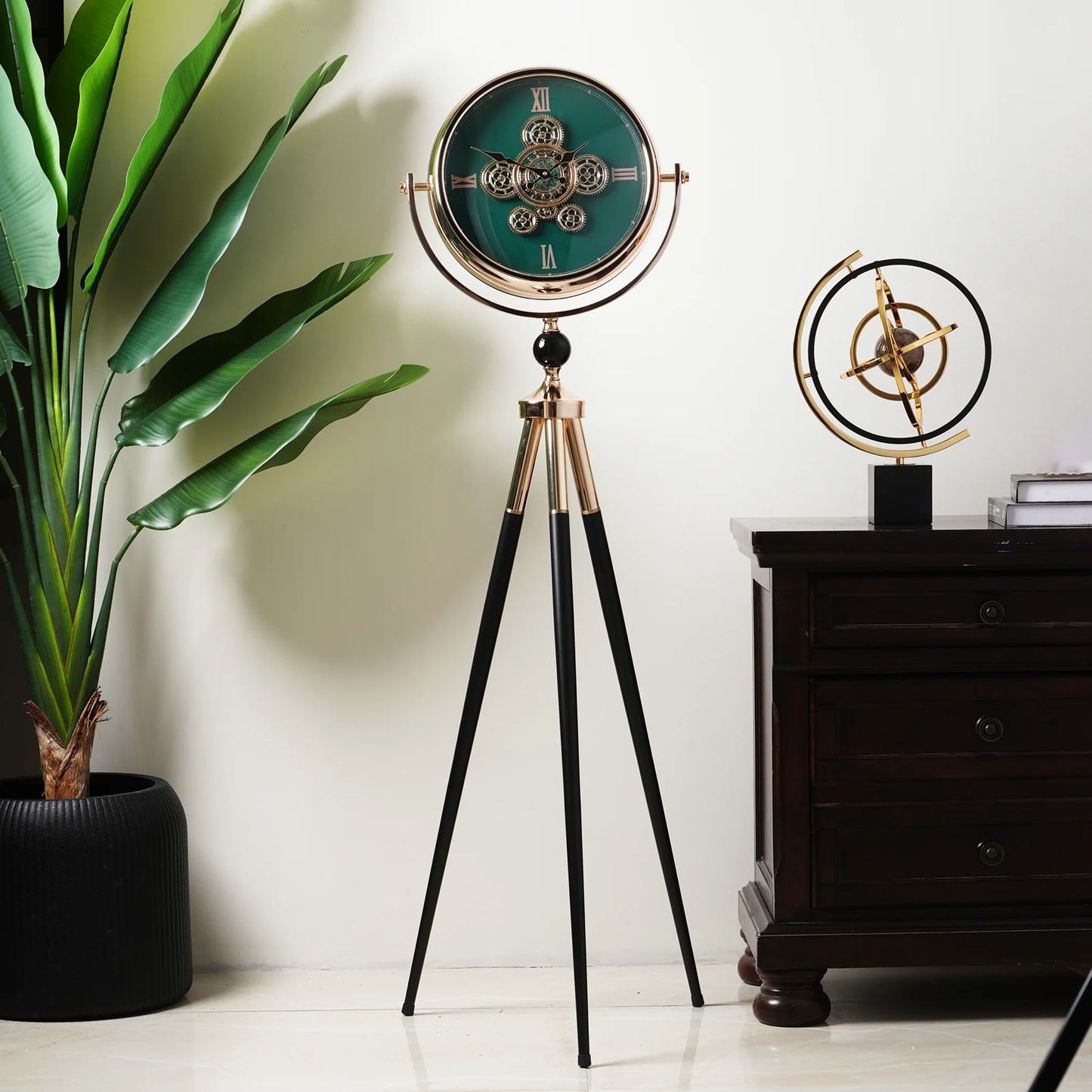 Green Dial Metal Tripod Gear Standing Wall Clock With Gold Framing For Home Decor