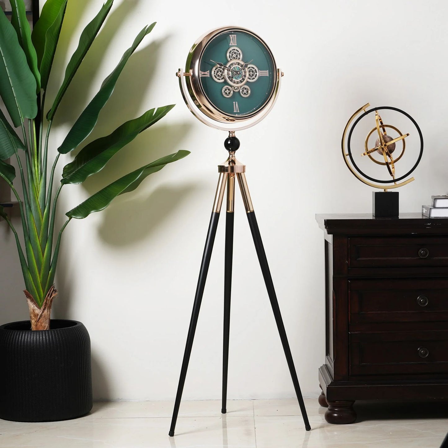 Green Dial Metal Tripod Gear Standing Wall Clock With Gold Framing For Home Decor