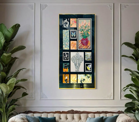 Modern Crystal Glass Painting with Metal Frame | 24x48 Inches | Golden Color Frame | Crystal and Glass Work