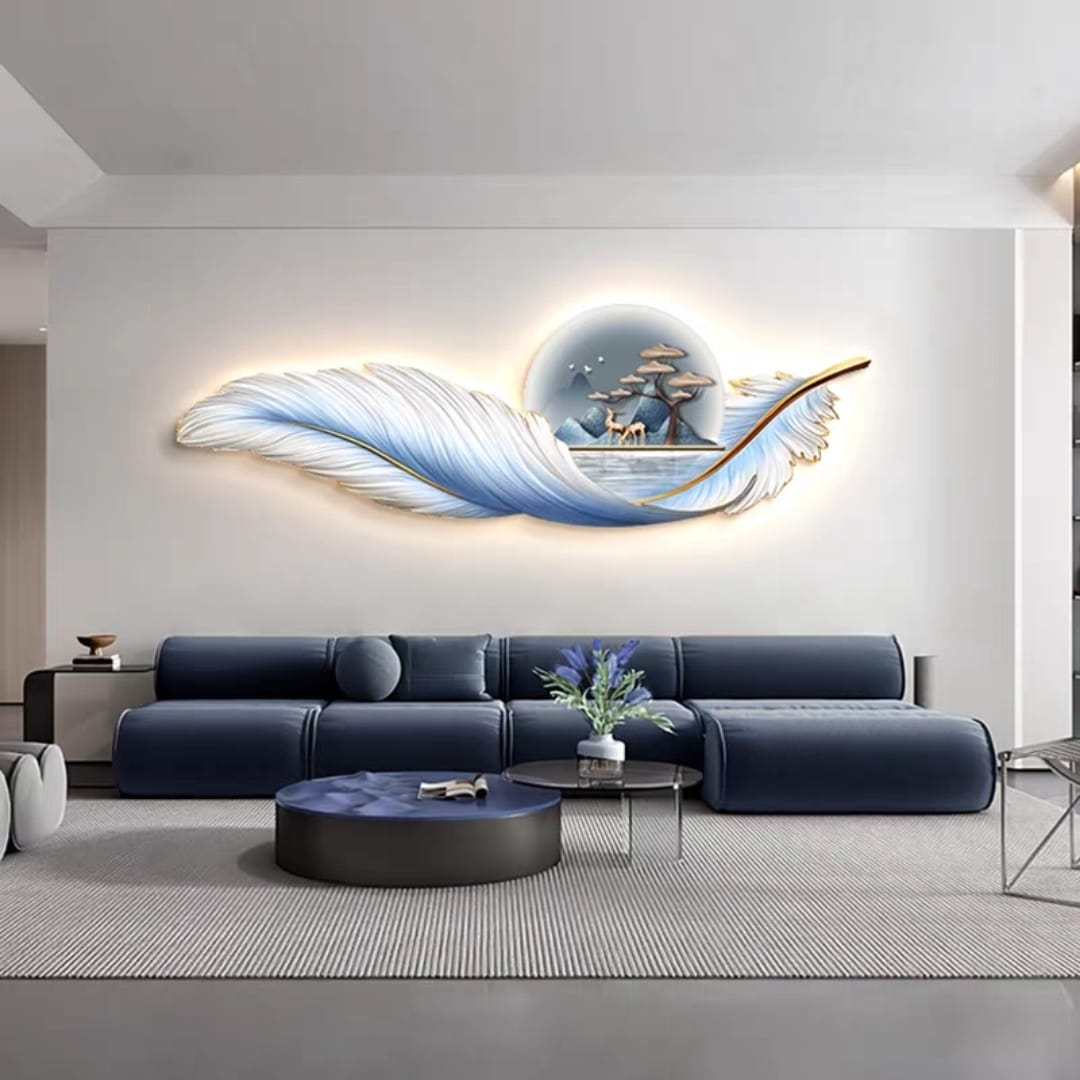 Modern Blue Feather Wall Art For Wall Decor With LED Light