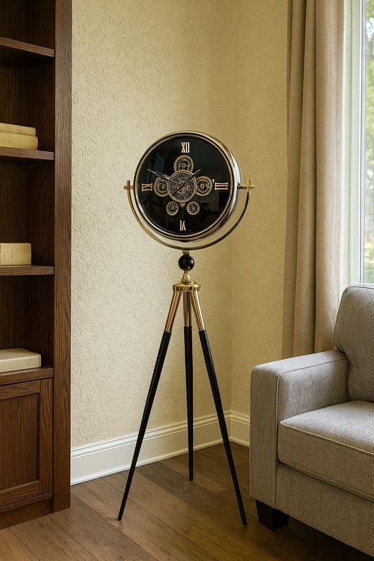 Black Dial Metal Tripod Gear Standing Wall Clock With Gold Framing For Home Decor