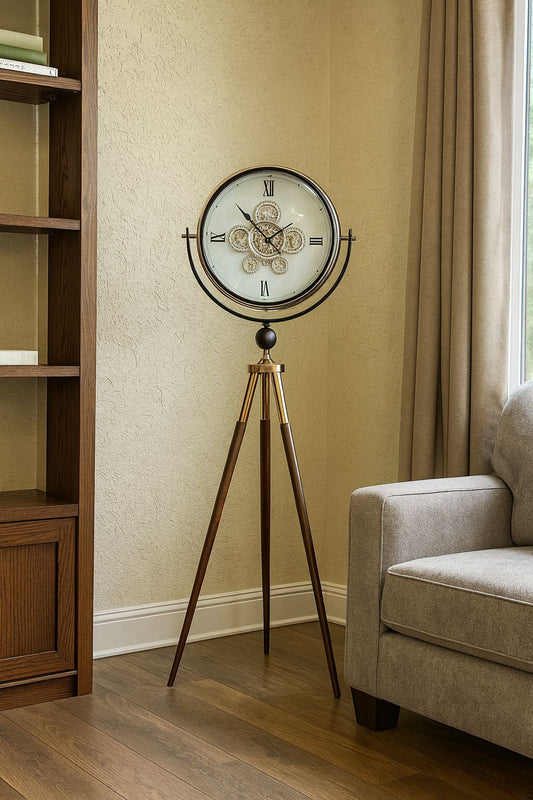 White Dial Metal Tripod Gear Standing Wall Clock With Gold Framing For Home Decor