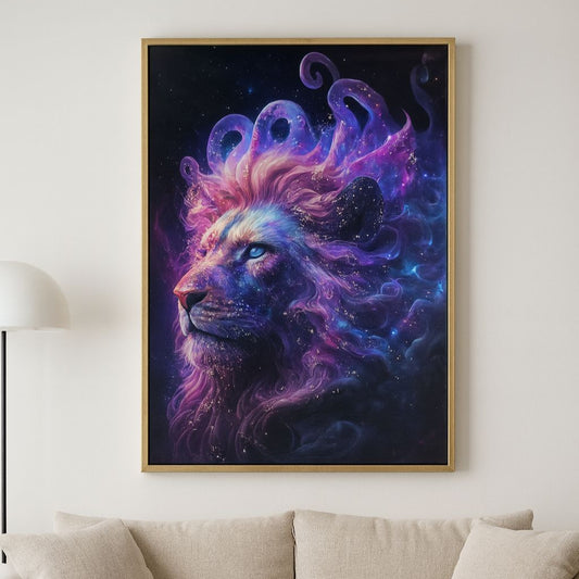 Colorful Lion Crystal Wall Painting  - Golden Frame, Crystal & Glass Work - LED Light