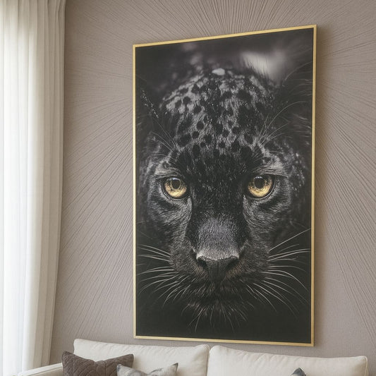 Black Tiger Crystal Wall Painting  - Golden Frame, Crystal & Glass Work - LED Light