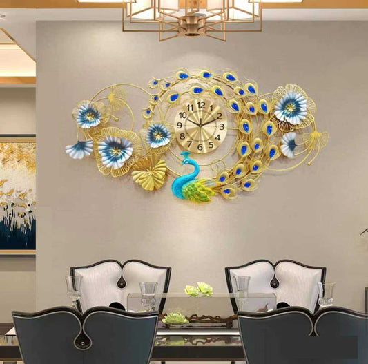 Peacock Metal Wall Clock - Large 100cm x 55cm Size for Home Decor