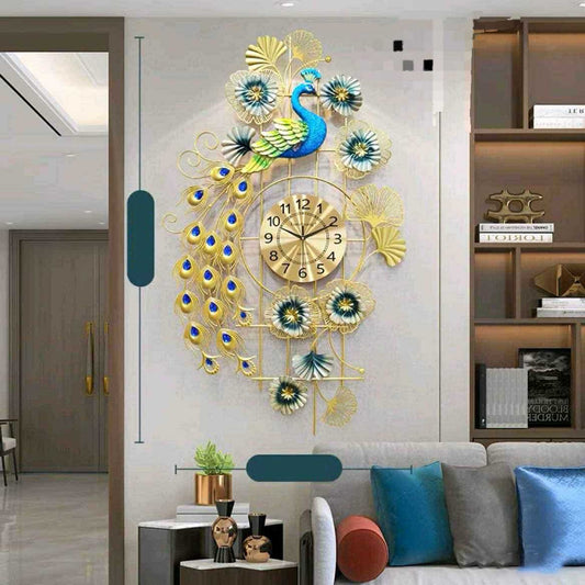 Peacock Metal Wall Clock - 100cm x 55cm, Resilient Metal, Large for Living Room & Bedroom