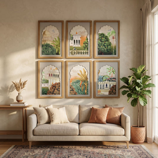 6-Piece Indian Heritage Palace Wall Art Set – Traditional Luxury Wall Décor for Living Room