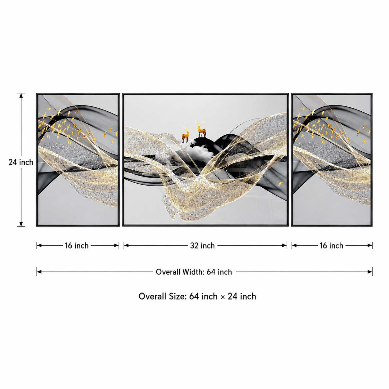 Modern Crystal Premium Deer Painting With Metal Framing For Wall Decor [ Pack of 3 ]