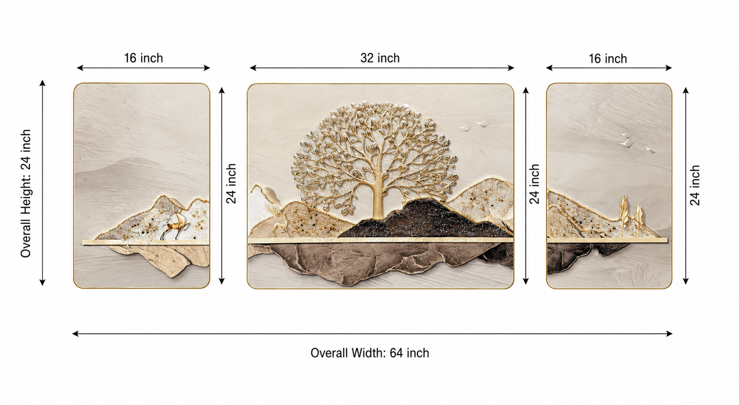 Modern Crystal Painting Set with Metal Framing - Golden Frame, Crystal & Glass Work [Set of 3 ]