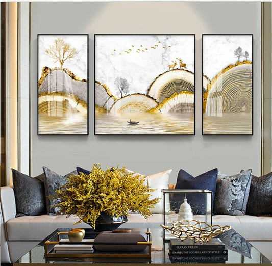 Modern Crystal Glass Painting Set with Metal Framing - Pack of 3