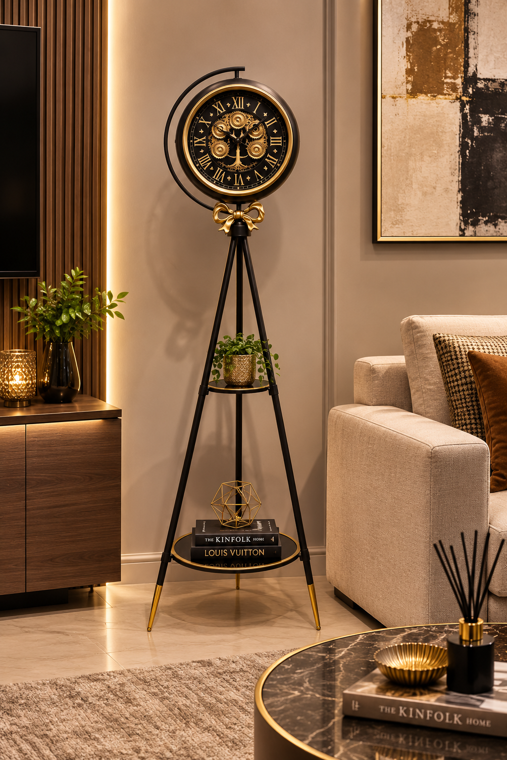 Moon Phase Tripod Base Luxury Designer Floor Clock With Moving Gear Mechanism (Black) (Steel Body)