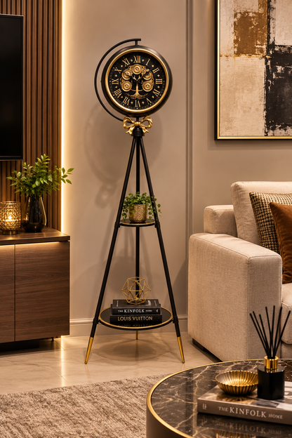 Moon Phase Tripod Base Luxury Designer Floor Clock With Moving Gear Mechanism (Black) (Steel Body)