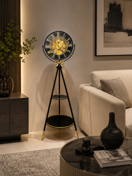 Moon Phase LED Tripod Base Luxury Designer Floor Clock With Moving Gear Mechanism (Black) (Steel Body)