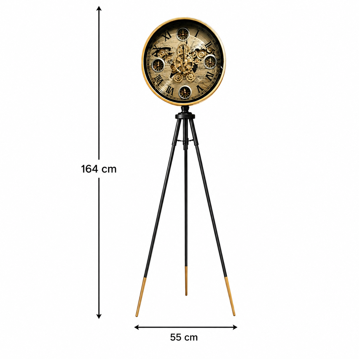 Tripod Base Luxury Designer Floor Clock With Moving Gear Mechanism (Black) (Steel Body)