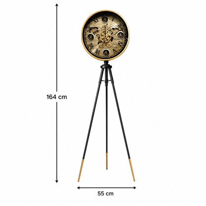 Tripod Base Luxury Designer Floor Clock With Moving Gear Mechanism (Black) (Steel Body)