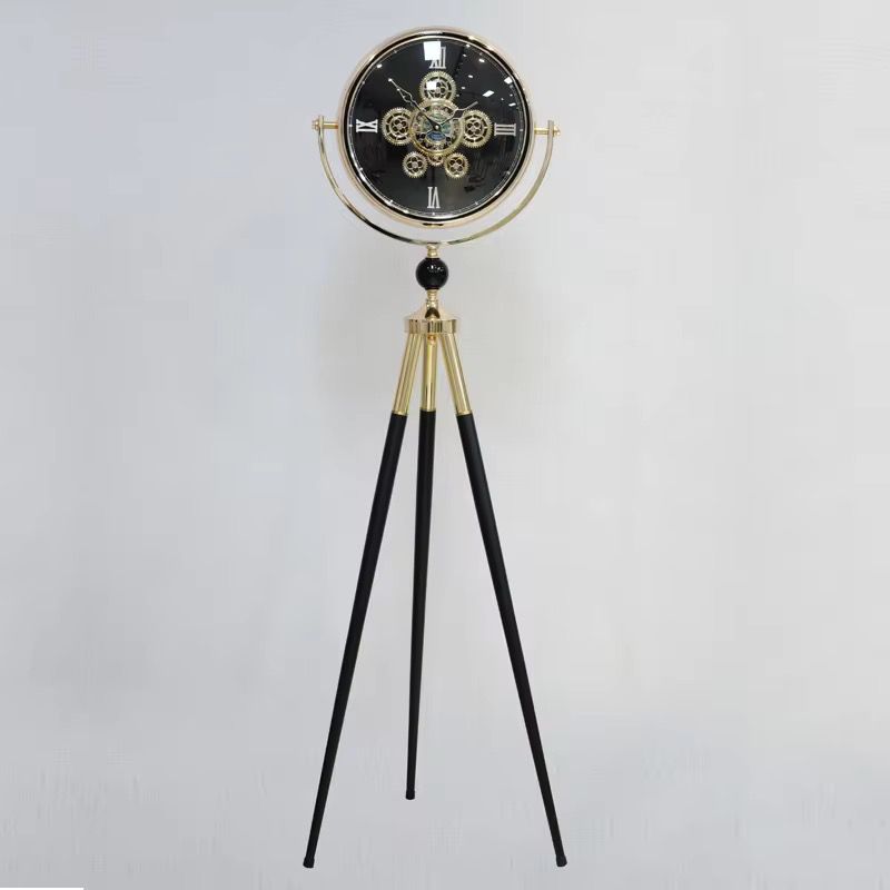 Black Dial Metal Tripod Gear Standing Wall Clock With Gold Framing For Home Decor