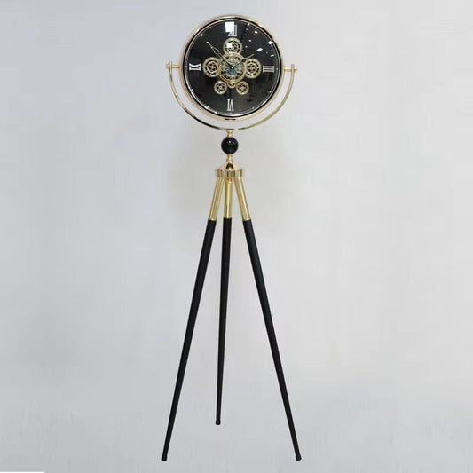 Black Dial Metal Tripod Gear Standing Wall Clock With Gold Framing For Home Decor