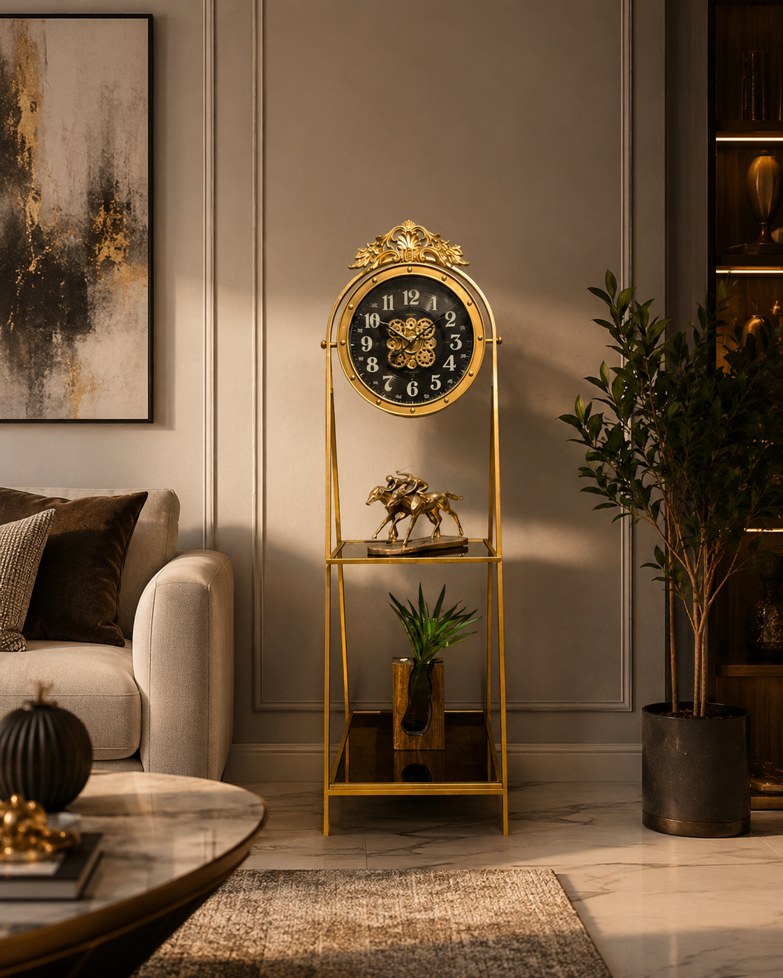 Golden Meridian Tripod Base Luxury Designer Standing Clock With Moving Gear Mechanism Buy Floor Clock Online (Steel Body)
