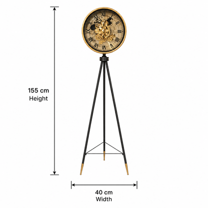Moon Phase Tripod Base Luxury Designer Floor Clock With Moving Gear Mechanism (Black) (Steel Body)