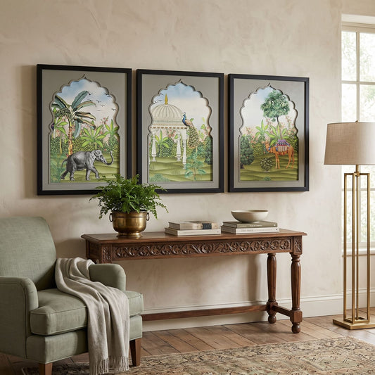 3-Piece Indian Heritage Wildlife Wall Art Set – Elephant, Peacock & Camel Traditional Wall Décor