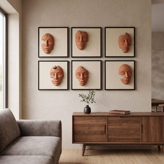 6-Piece Abstract Fa6-Piece Terracotta Abstract Face 3D Wall Art Set – Modern Sculptural Framed Wall Décor for Living Room