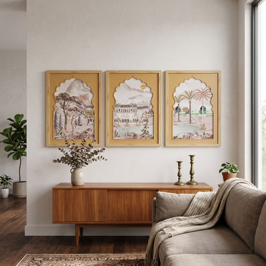 3-Piece Royal Indian Palace & Botanical Wall Art Set – Luxury Heritage Framed Wall Décor for Living Room