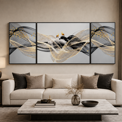Modern Crystal Premium Deer Painting With Metal Framing For Wall Decor [ Pack of 3 ]